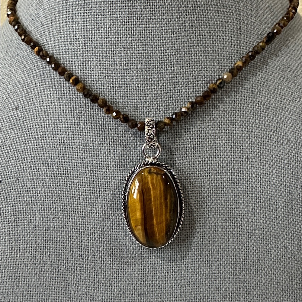 Genuine Tiger’s Eye Silver Plated Pendant and Tiger’s Eye Beaded Necklace
